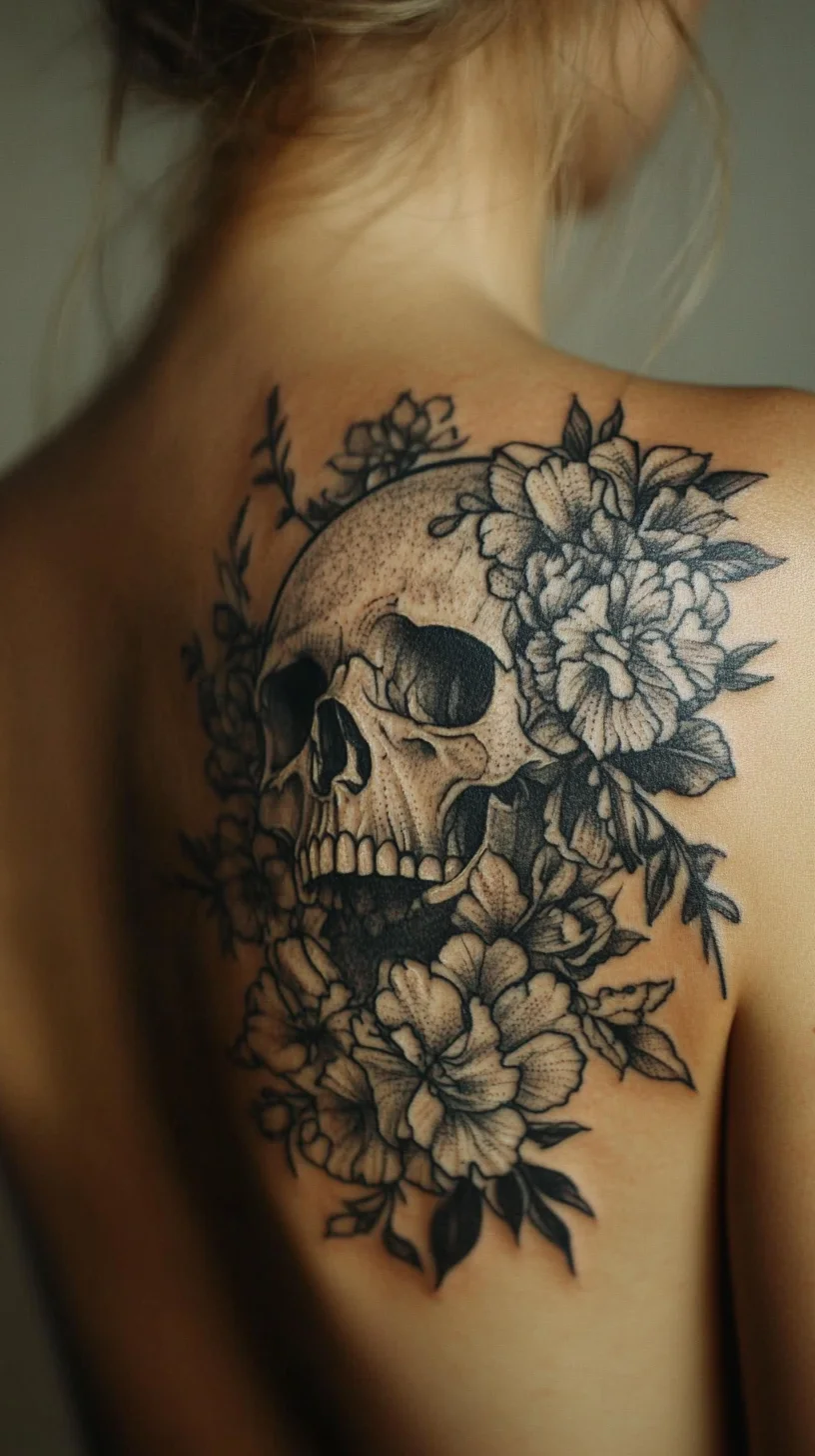 Bold Elegance: Stunning Skull and Floral Tattoo for a Unique Statement