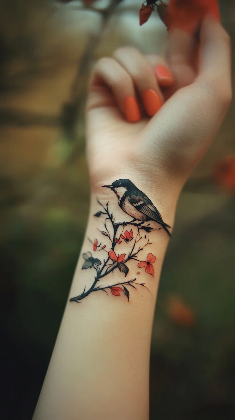 Captivating Nature: A Stunning Bird and Blossom Tattoo for an Elegant Touch