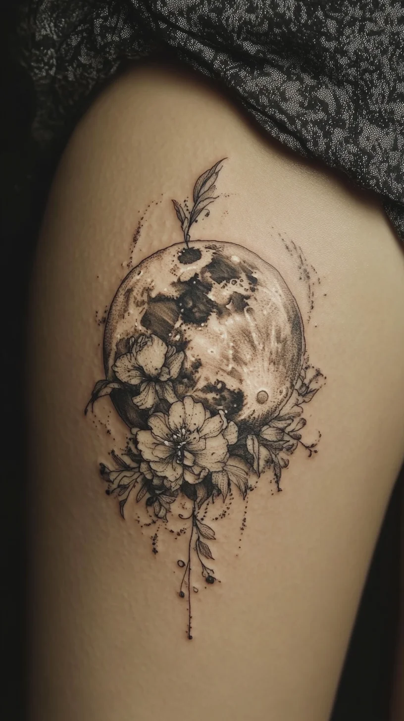 Celestial Blossom: A Stunning Moon and Floral Tattoo Design for the Dreamy Soul