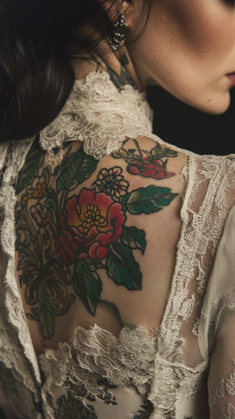 Elegant Lace Meets Bold Floral Tattoos: A Timeless Bridal Aesthetic