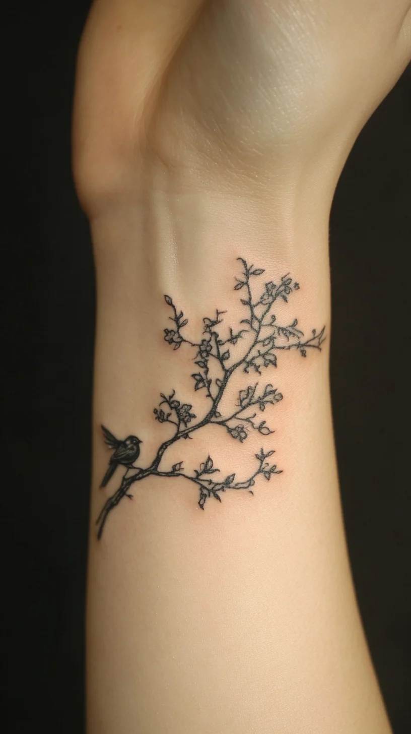 Elegant Nature-Inspired Tattoo: A Delicate Blend of Branches and Birds