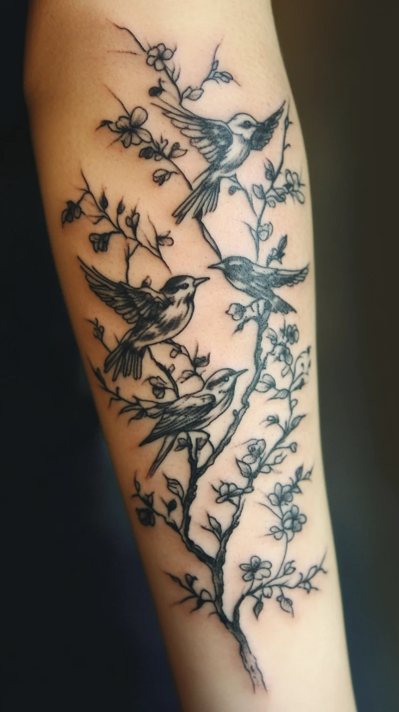 Elegant Nature-Inspired Tattoo: Birds and Blossoms for a Timeless Look