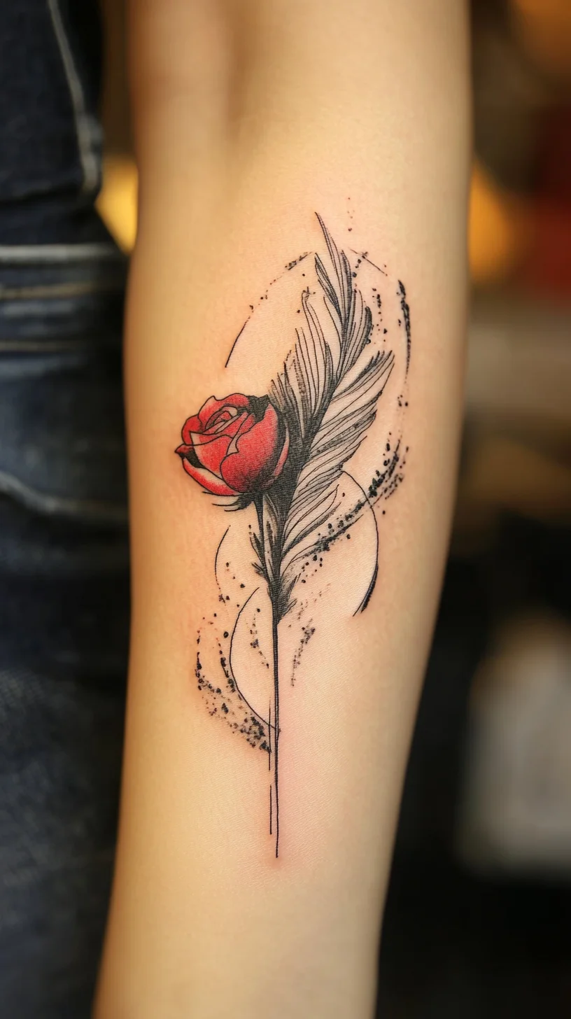 Elegant Rose and Feather Tattoo: A Blend of Floral Beauty and Artistic Flair