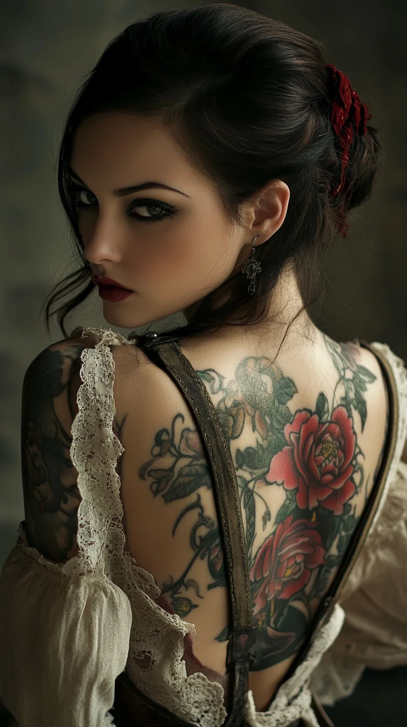 Embrace Bold Elegance: Stunning Floral Back Tattoo with Vintage Glam Look