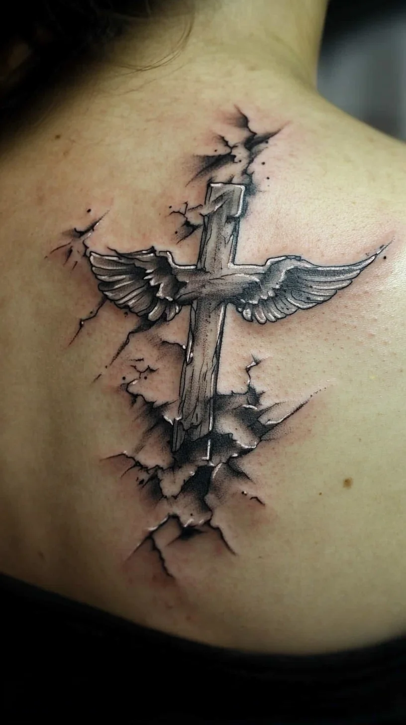 Embrace Divine Inspiration: Stunning Winged Cross Tattoo for a Bold Statement