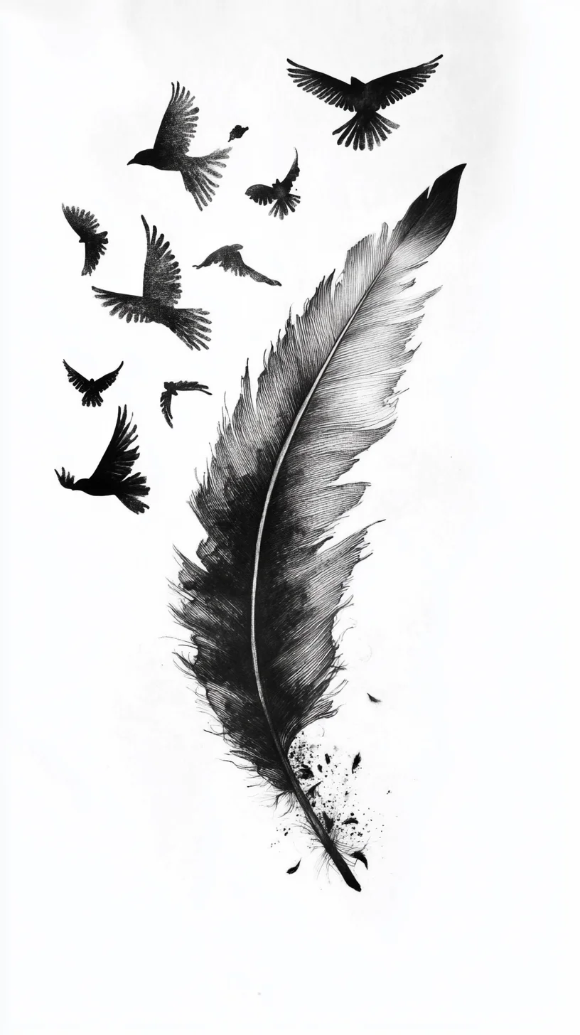 Embrace Freedom: Delicate Feather Tattoo with Soaring Birds for a Unique Statement