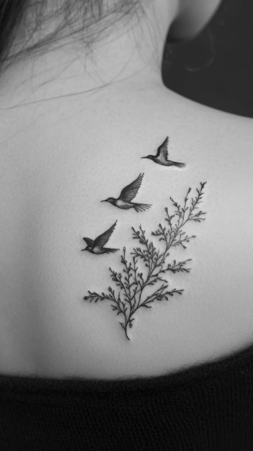 Embrace Freedom: Elegant Bird and Botanical Tattoo Design for a Timeless Statement