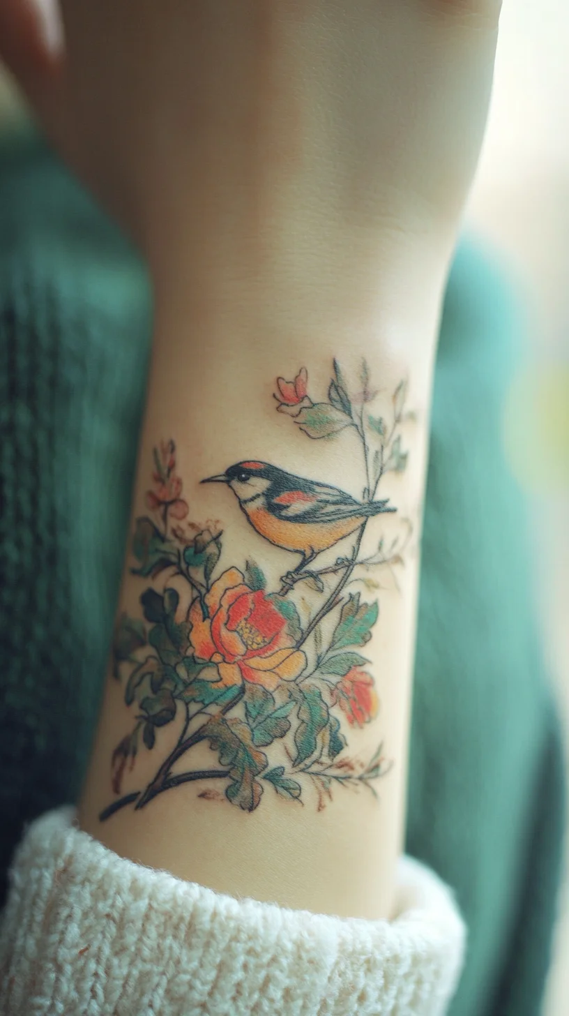 Embrace Nature with a Whimsical Bird and Floral Tattoo Design