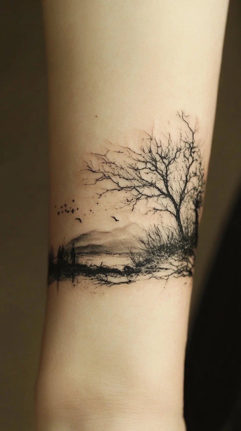 Embrace Nature with This Stunning Black Ink Landscape Tattoo