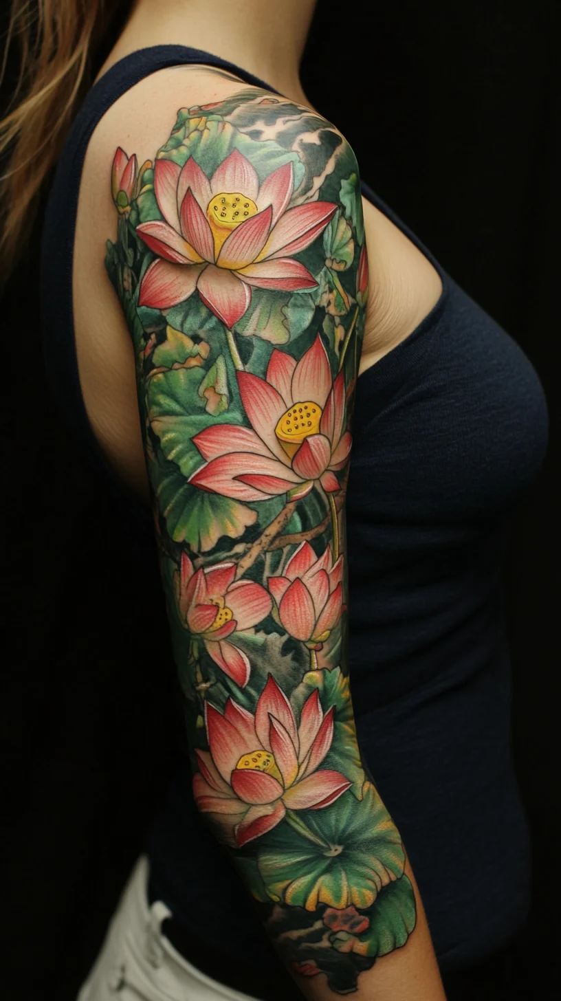 Embrace Nature's Beauty: Vibrant Lotus Flower Sleeve Tattoo Inspiration