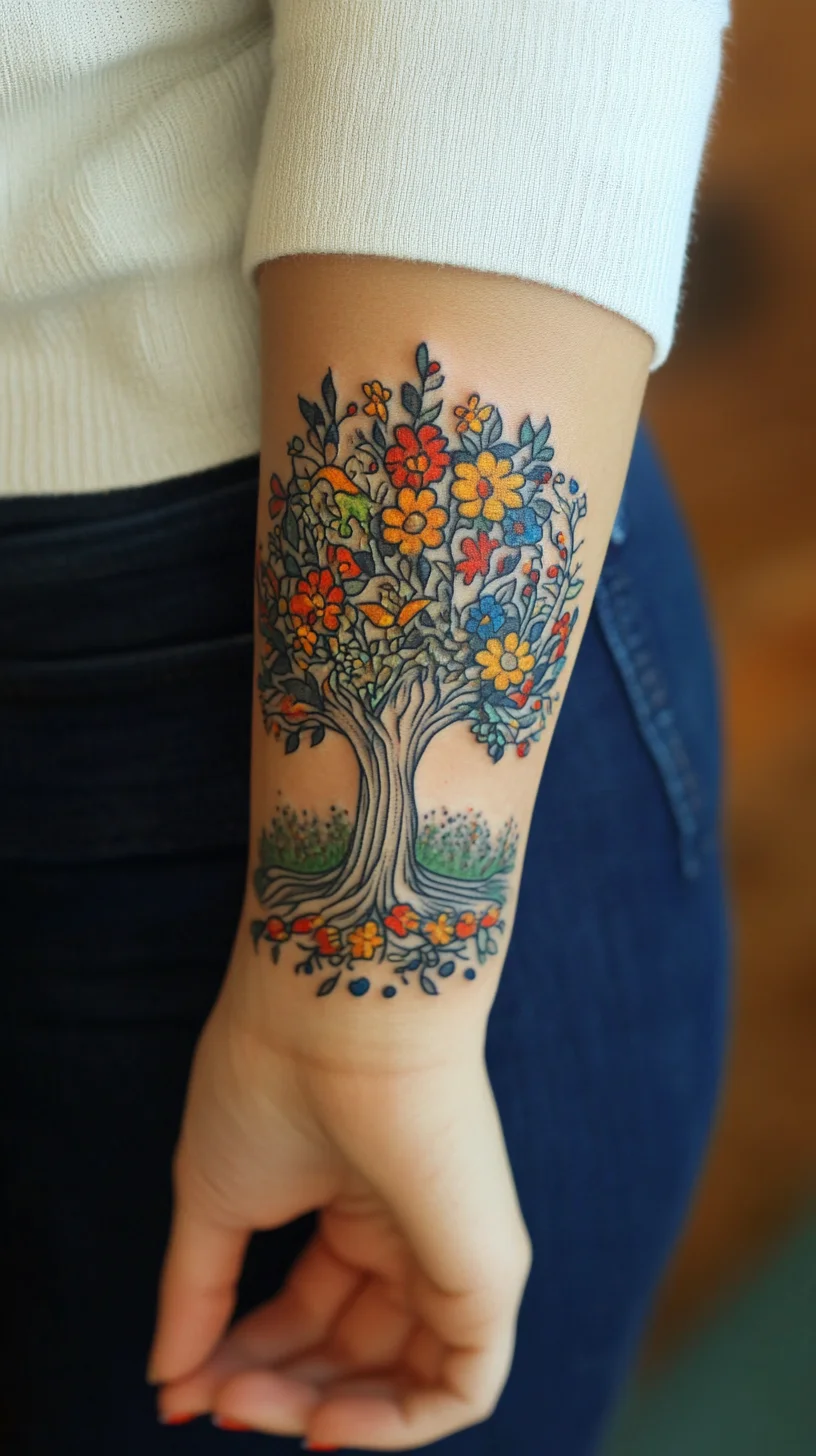 Embrace Nature's Beauty with a Vibrant Floral Tree Tattoo Design