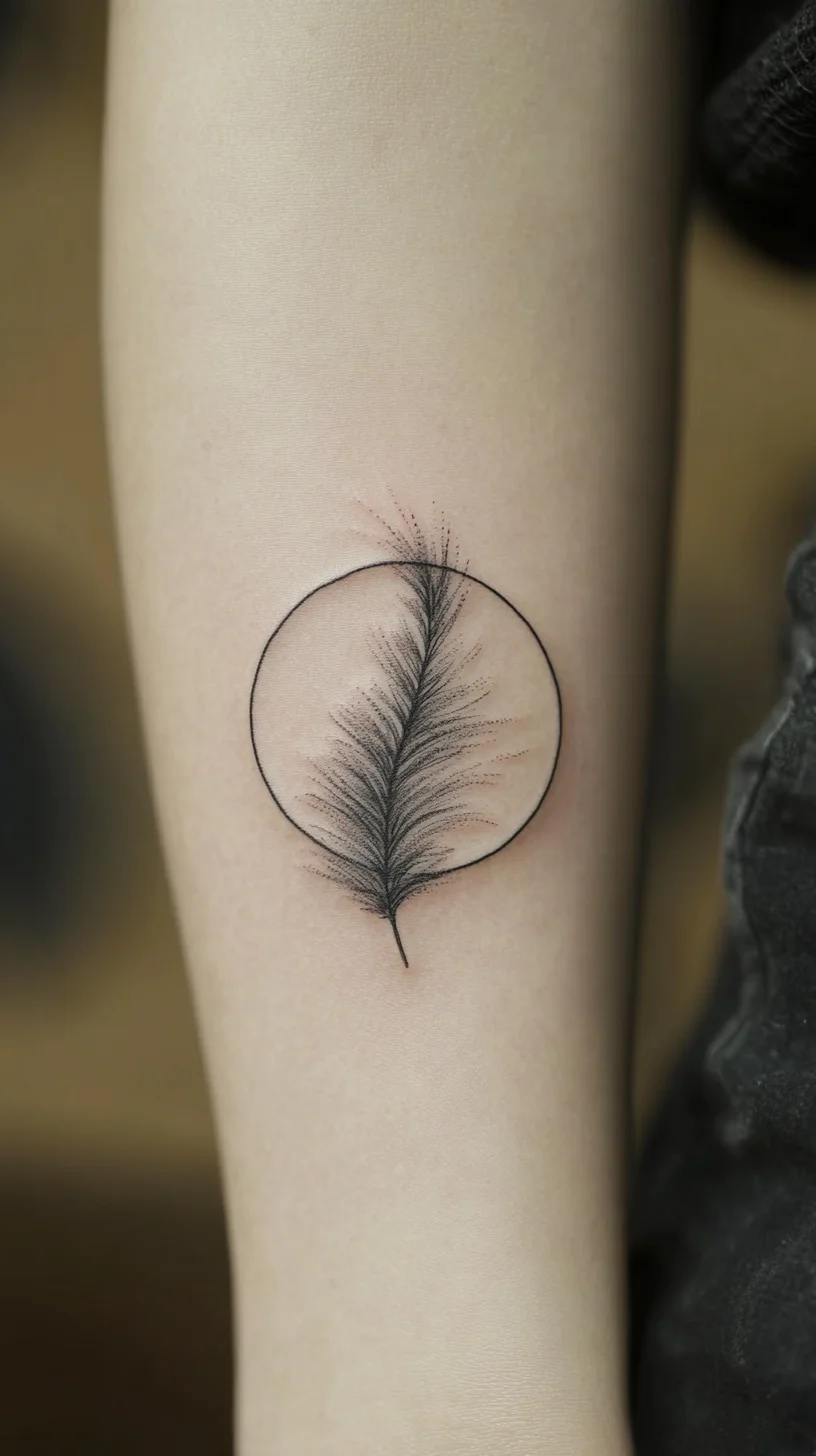 Embrace Nature's Elegance: Delicate Feather Tattoo with Circular Design