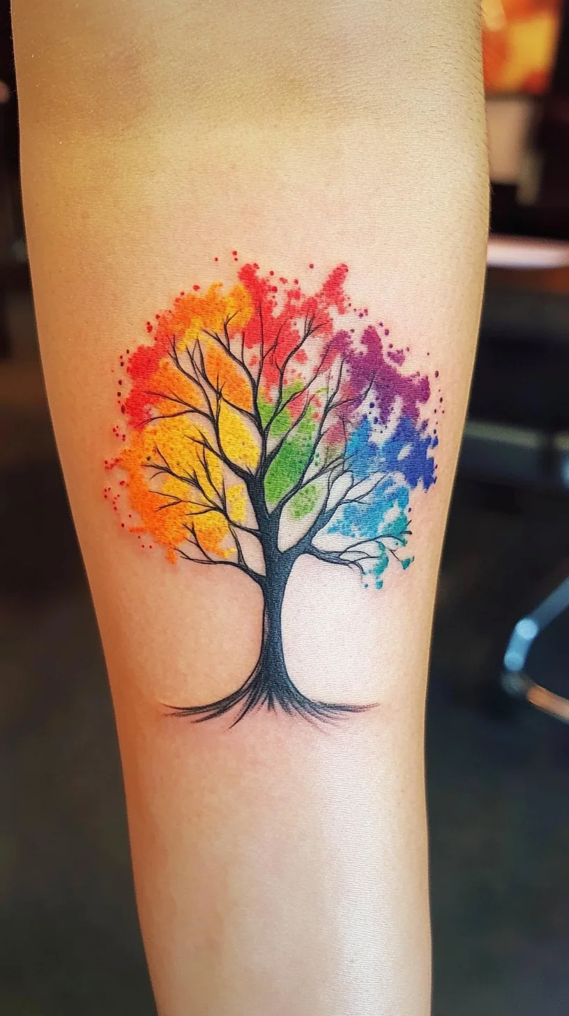 Embrace Nature's Palette: Vibrant Rainbow Tree Tattoo for a Bold Statement