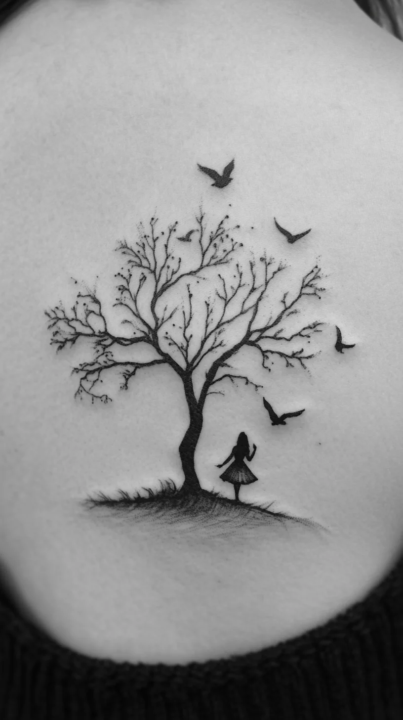 Embrace Nature’s Whisper: The Enchanting Tree and Silhouetted Girl Tattoo