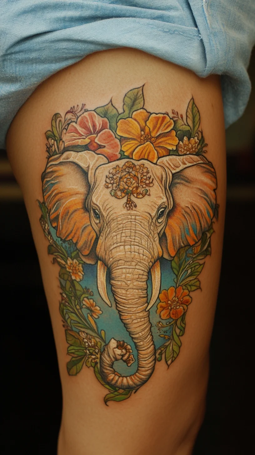 Embrace Serenity: A Stunning Elephant Tattoo Surrounded by Vibrant Florals