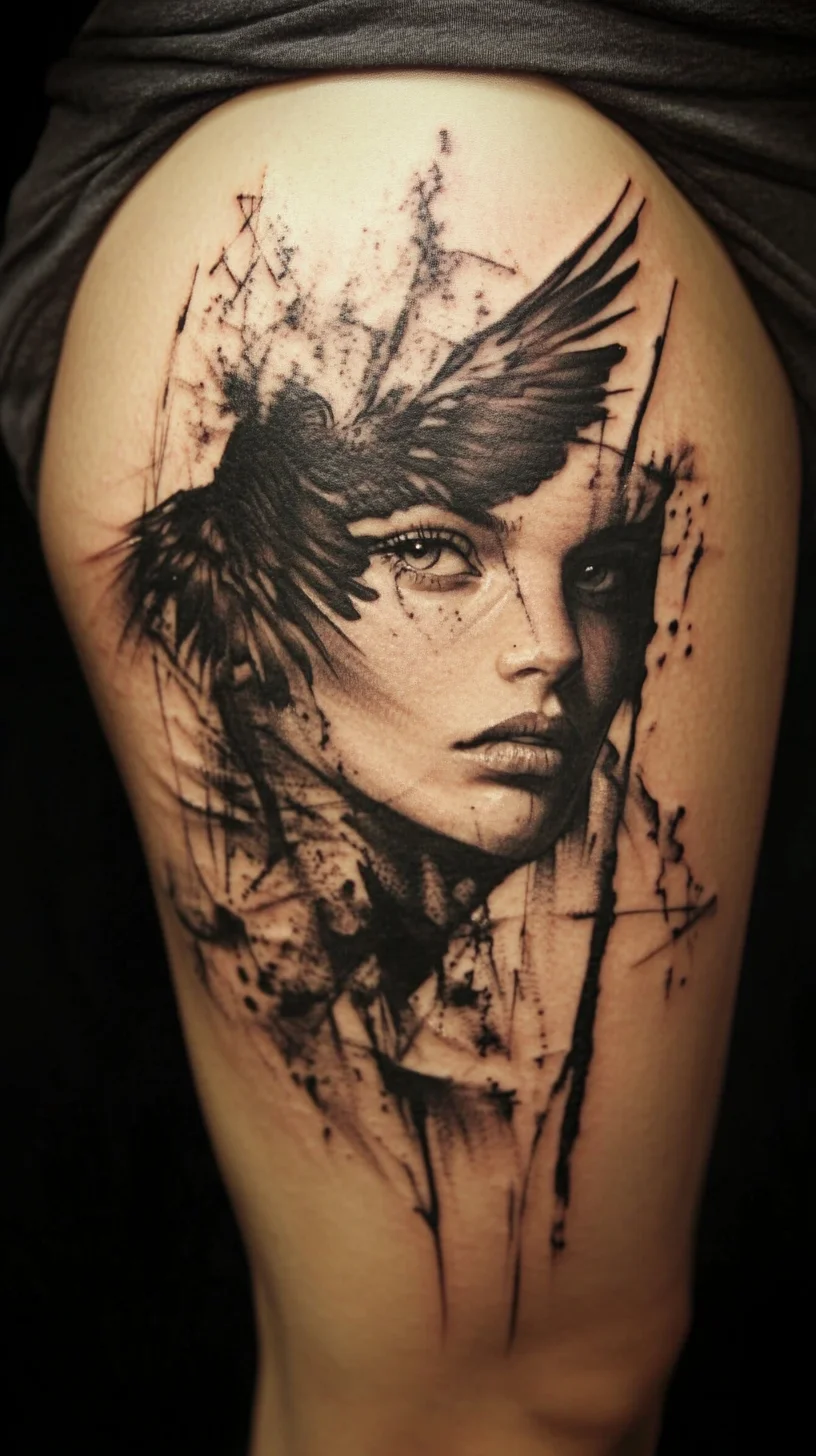 Embrace the Ethereal: Captivating Portrait Tattoo with Dynamic Wing Elements