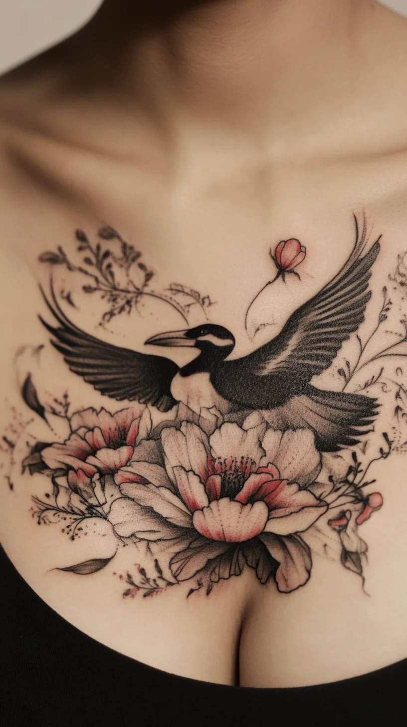 Enchanting Floral Tattoo: A Majestic Bird Among Blossoming Blooms