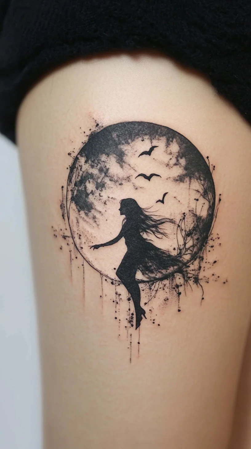 Enchanting Moonlit Silhouette: A Tattoo That Dances with Nature's Beauty