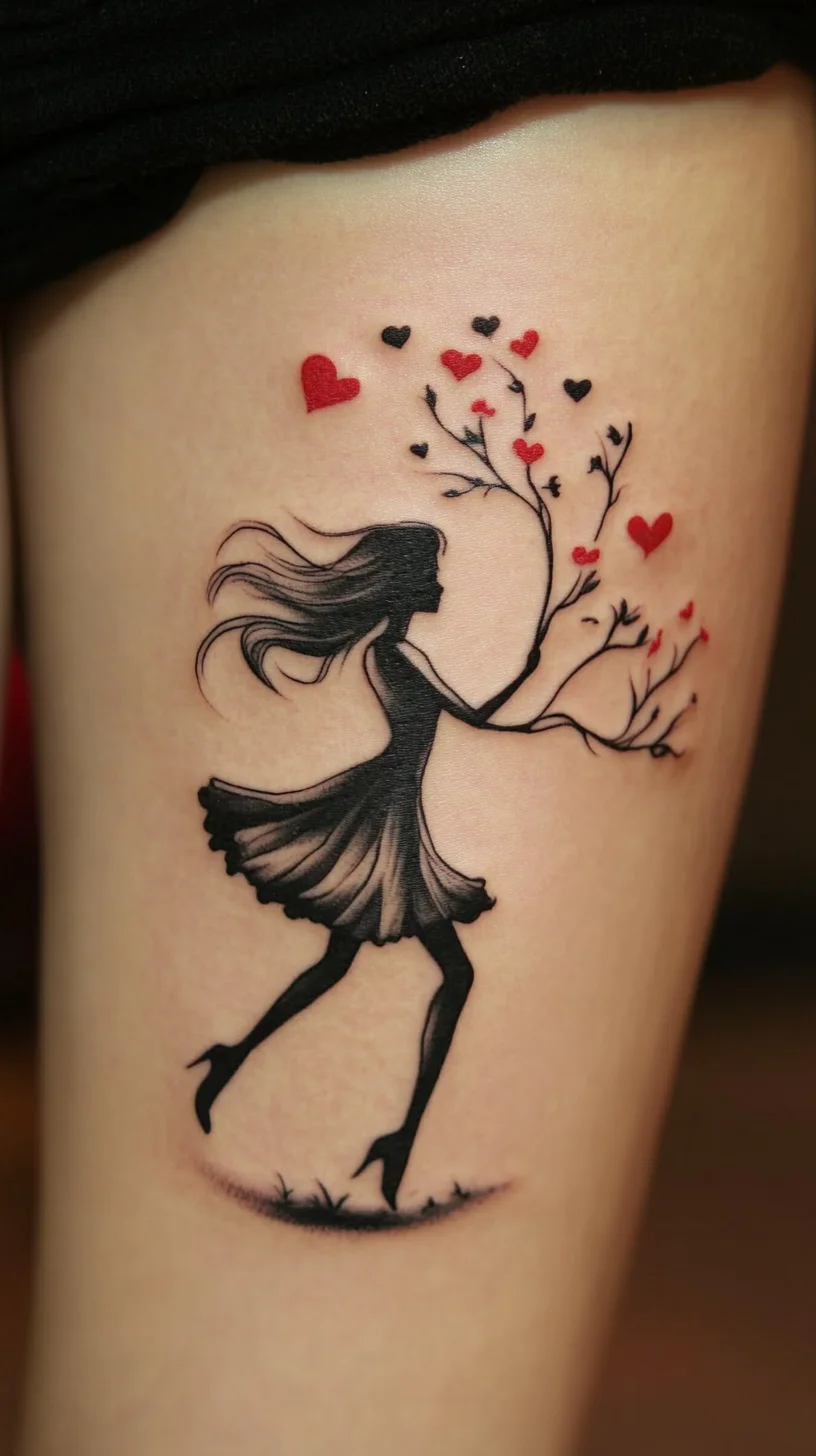 Enchanting Silhouette: A Dancer Escaping with Floating Hearts