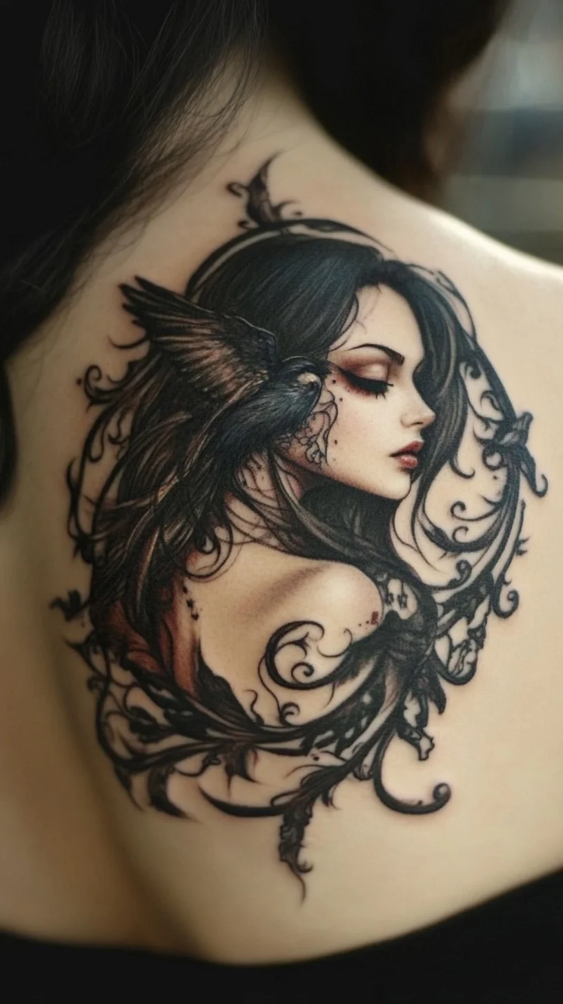 Enigmatic Elegance: Stunning Woman with Raven Tattoo for Striking Symbolism