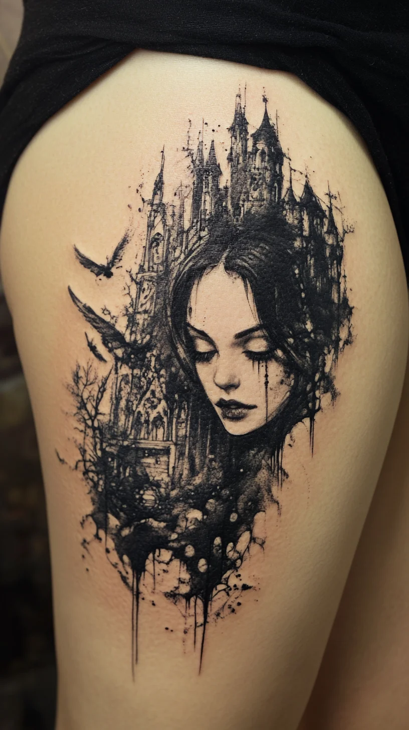 Ethereal Gothic Elegance: A Stunning Tattoo Blending Portrait and Architecture