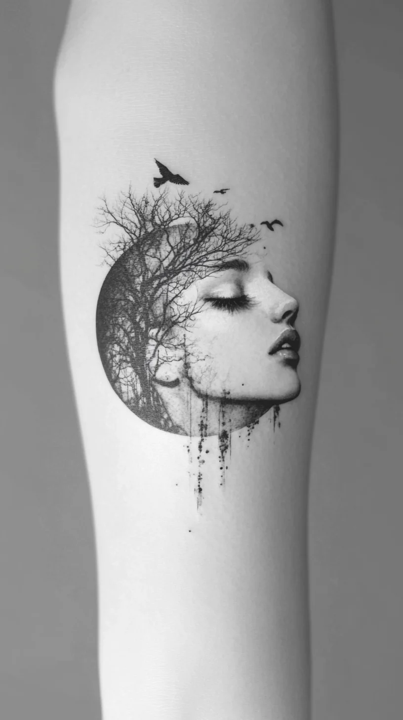 Ethereal Moonlit Silhouette: A Tattoo Inspired by Nature's Beauty