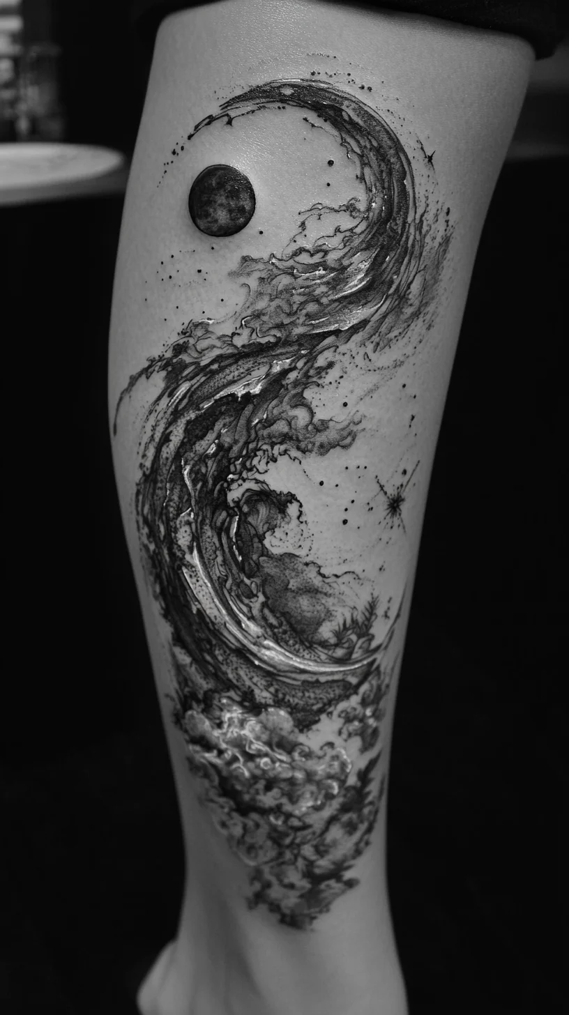 Ethereal Waves: Embrace Nature with This Stunning Black and Gray Tattoo Design