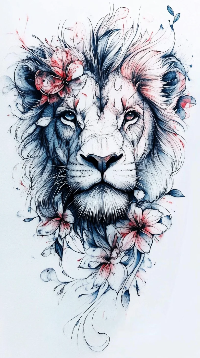 Fierce Elegance: The Majestic Lion Floral Tattoo Design