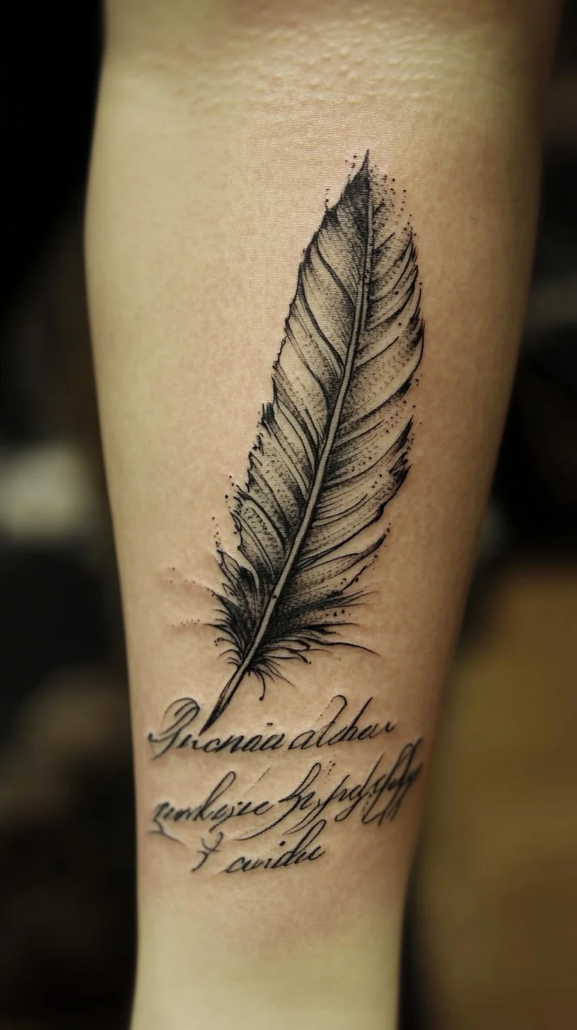 Graceful Feather Tattoo with Inspiring Quote for a Touch of Elegance