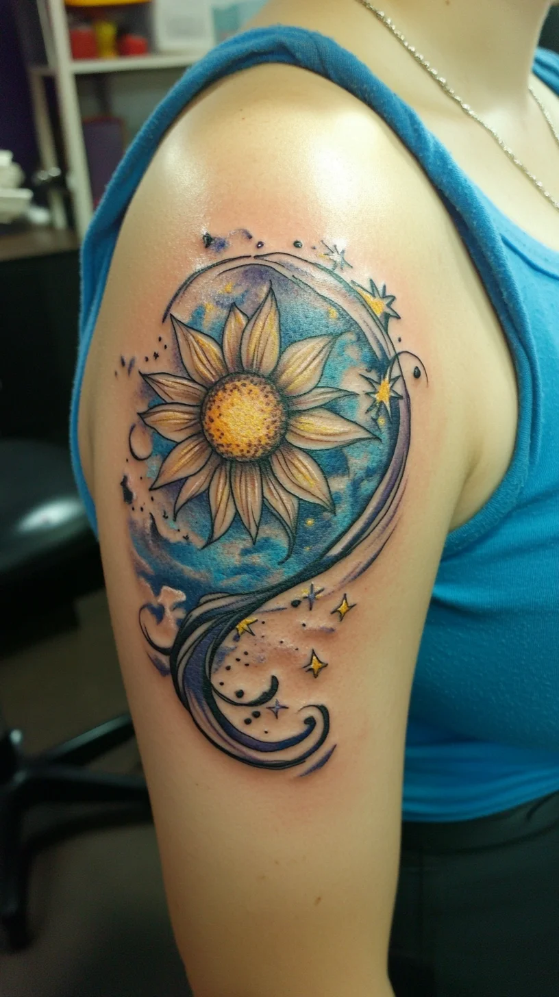 Illuminate Your Style: Dazzling Sunflower Tattoo with Cosmic Flair