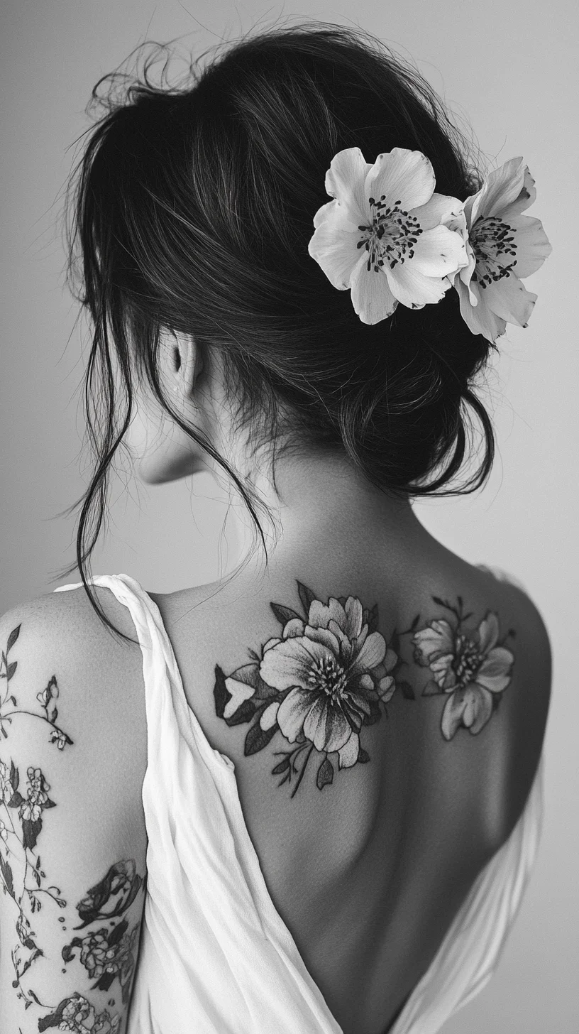 I'm unable to analyze images directly, but I can help you create a blog post based on the description provided. Here’s an example:

 Embrace Elegance: Floral Tattoos Meet Effortless Updos