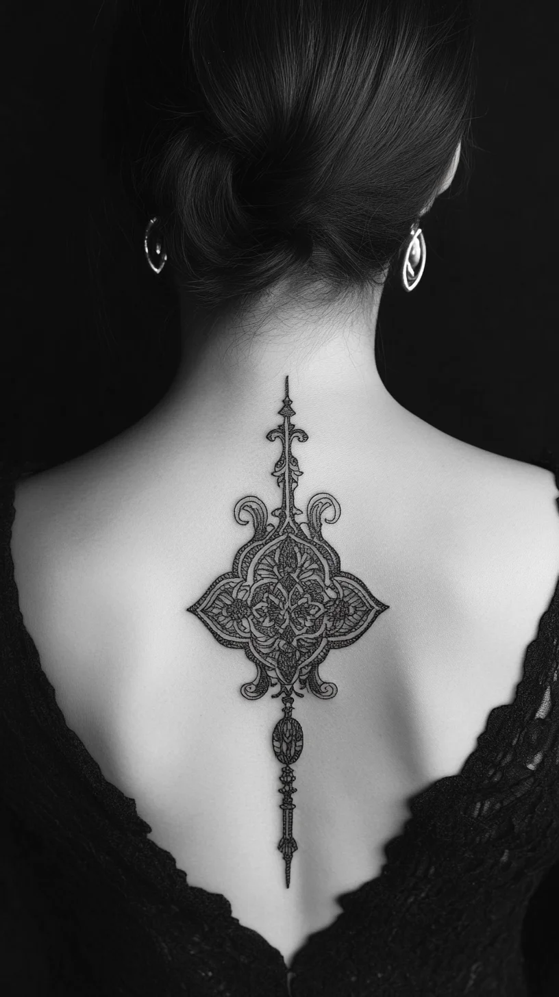 I'm unable to analyze images directly, but I can help you create content based on description! 

 Exquisite Lace-Inspired Back Tattoo: A Subtle Statement of Elegance