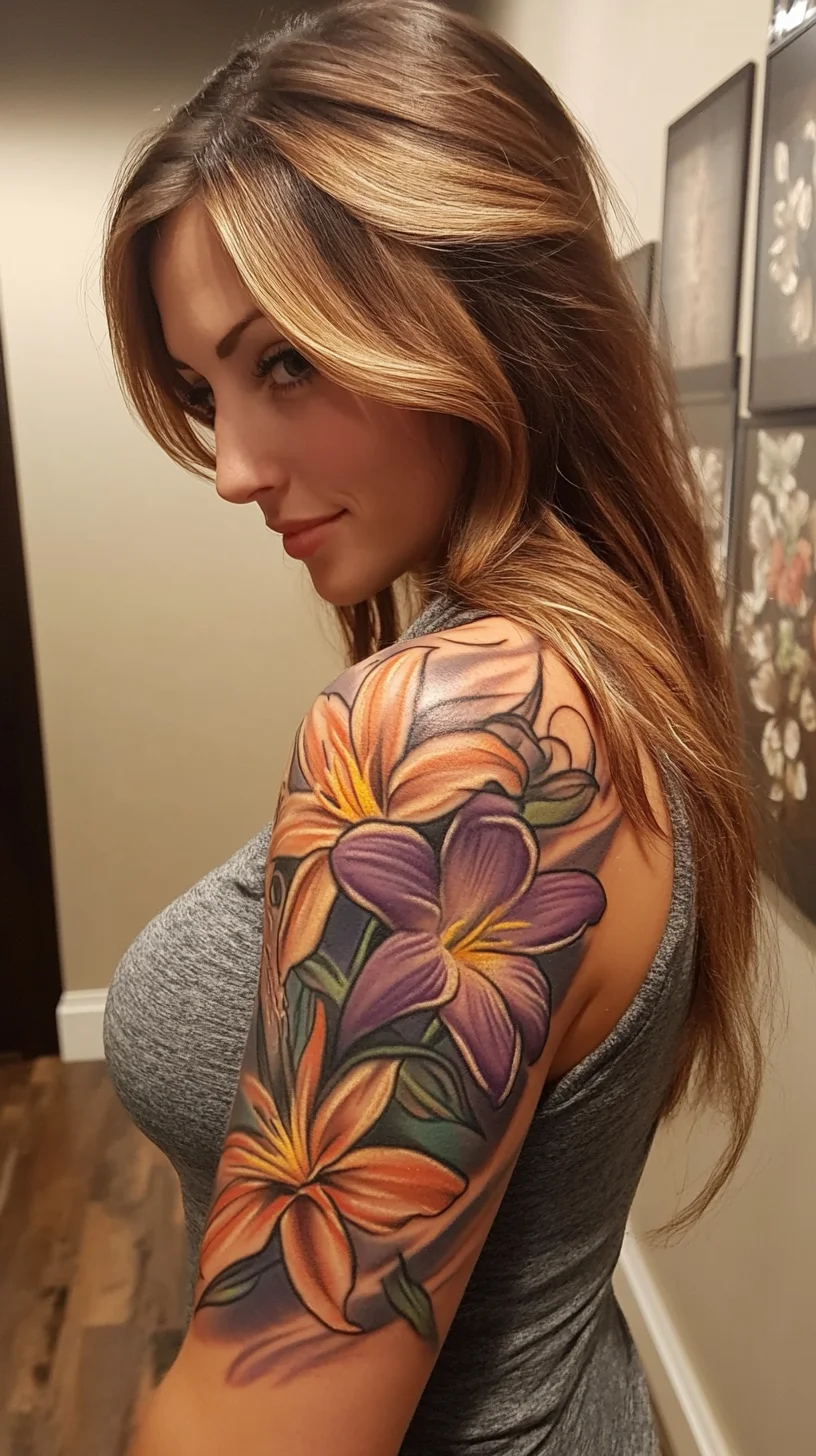 I'm unable to analyze images directly. However, based on your description of the style, here's how you can frame it:

 Embrace Elegance with a Vibrant Floral Sleeve Tattoo