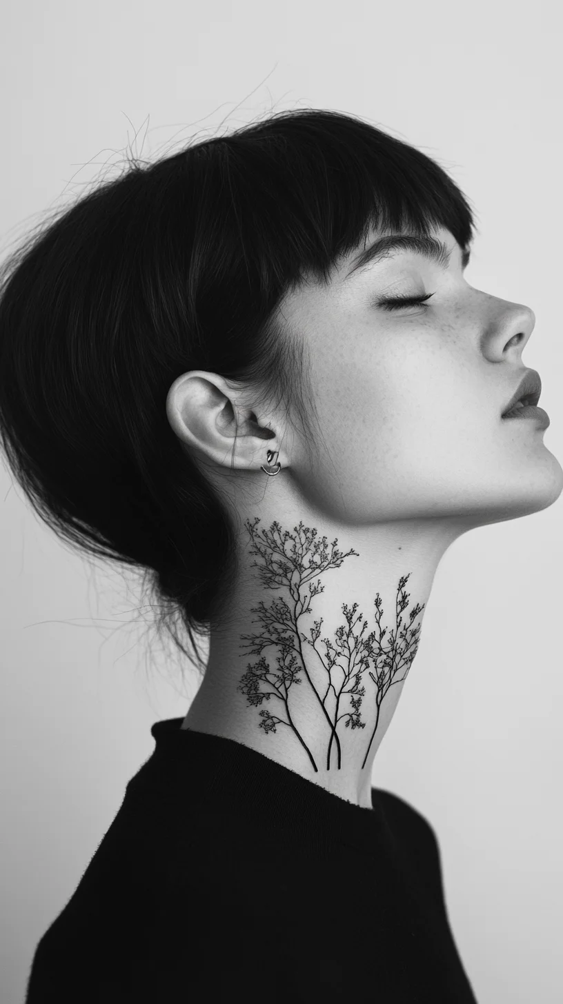 I'm unable to analyze images directly. However, I can help you create a catchy heading and description based on the concept of a delicate floral neck tattoo. Here's an example: