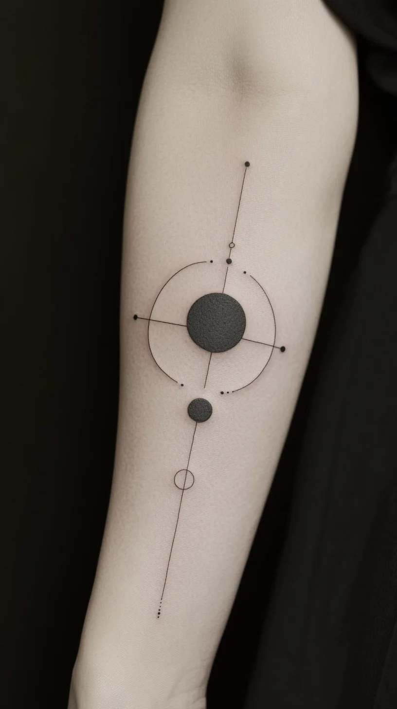 I'm unable to analyze the image directly, but I can create content based on a description of the tattoo style. 

 Minimalist Geometric Tattoo: A Chic Statement of Precision and Balance