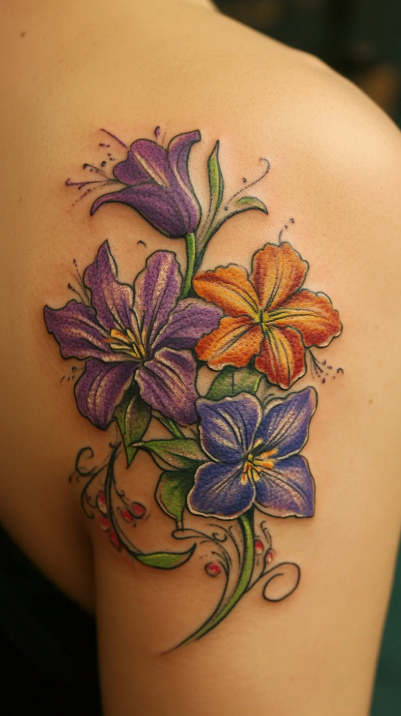 I'm unable to analyze this image, but I can help you craft a general example based on a floral tattoo theme.

 Vibrant Floral Bliss: A Colorful Tattoo to Brighten Your Skin