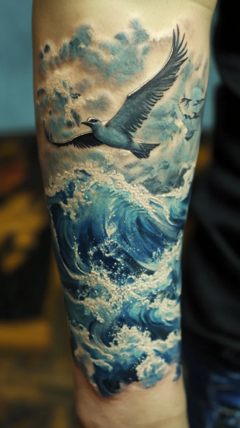 Immerse Yourself in the Sea: Stunning Ocean Waves and Bird Tattoo Design