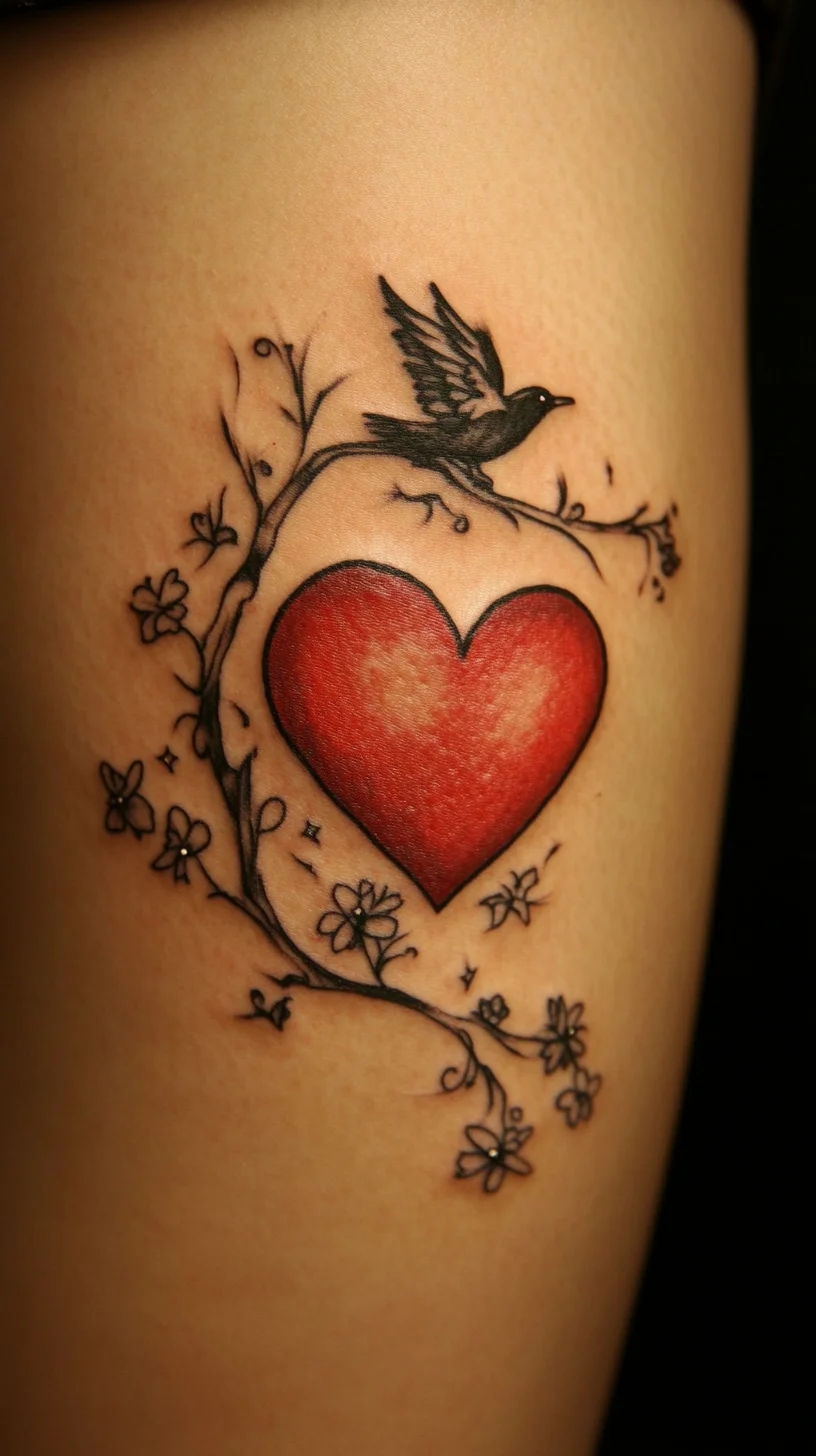 Love in Flight: A Captivating Heart and Bird Tattoo Design