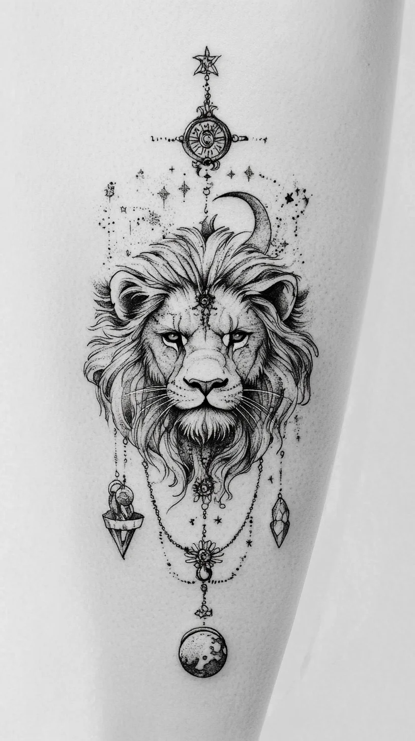 Majestic Lion Tattoo: Symbolizing Strength and Wisdom with Celestial Accents