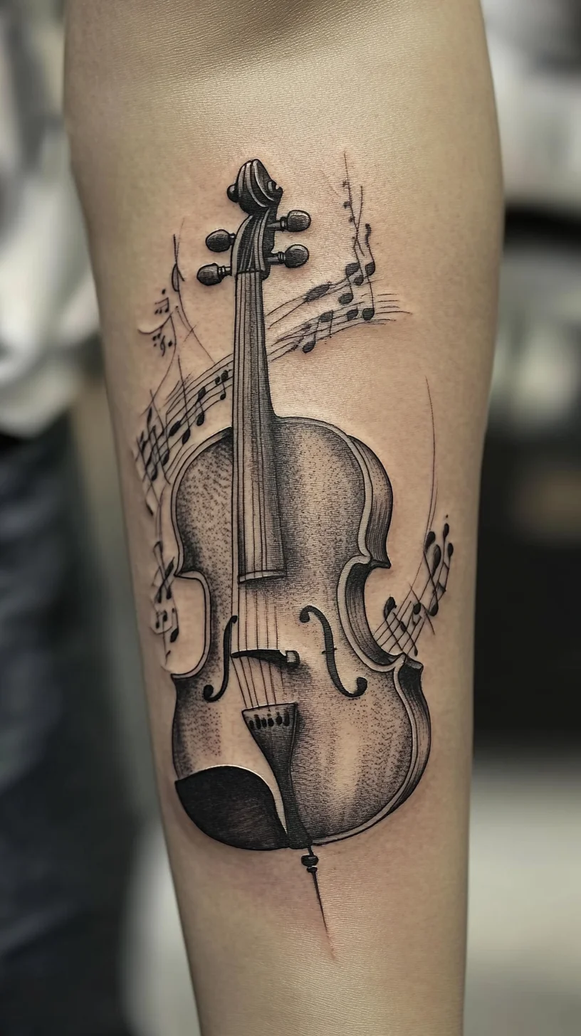 Striking Symphony: Elegant Violin Tattoo with Musical Notes for Art Lovers