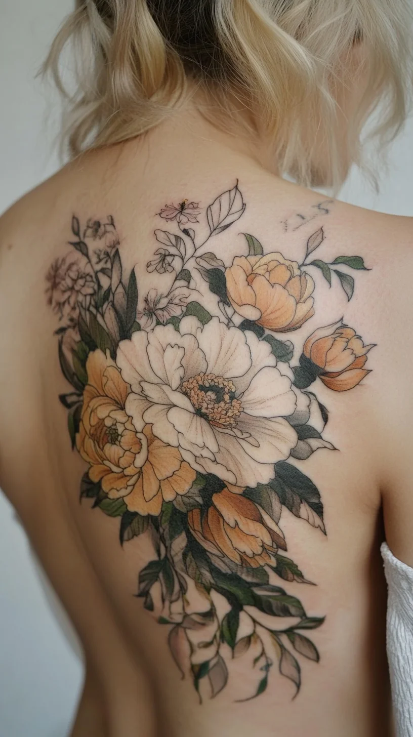 Stunning Floral Tattoo: A Graceful Back Display of Nature's Elegance