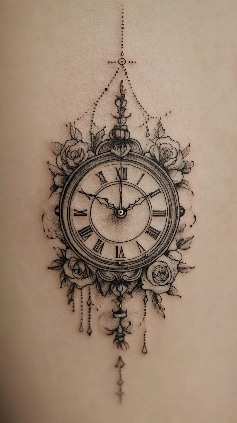 Timeless Elegance: A Stunning Clock Tattoo with Floral Accents