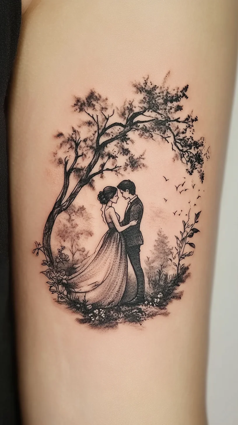 Timeless Romance: Enchanting Couple Tattoo Surrounded by Nature’s Beauty