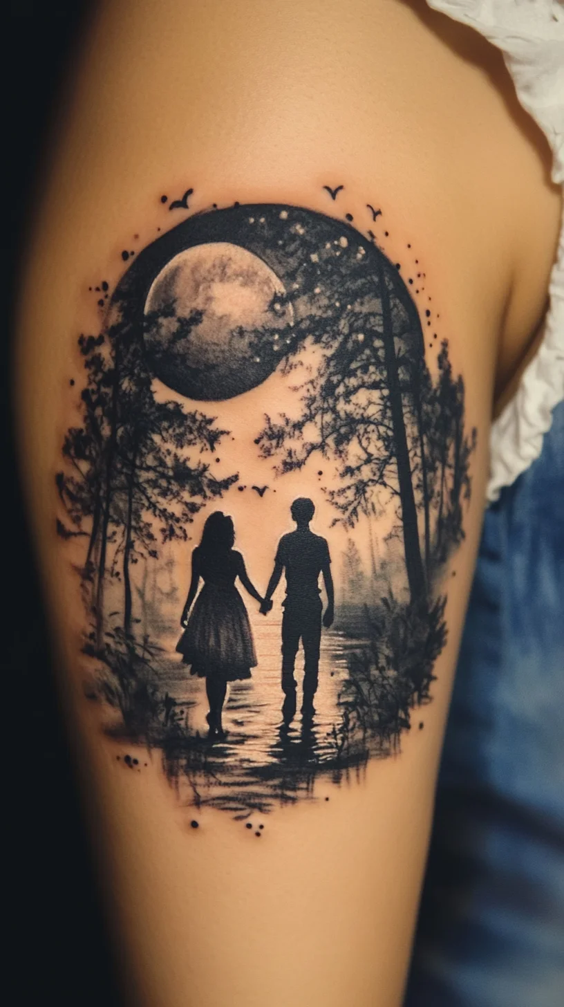 Timeless Silhouettes: Romantic Nature-Inspired Couple Tattoo for Dreamy Souls