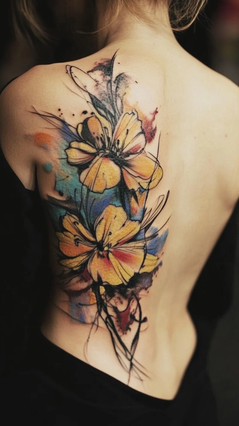 Vibrant Watercolor Floral Tattoo: A Stunning Backpiece for Art Lovers