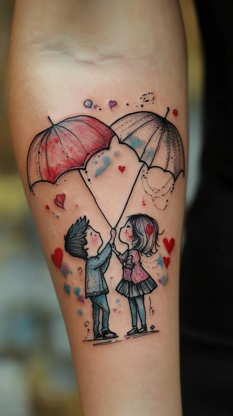 Whimsical Love: Charming Couple Tattoo Under Protecting Umbrellas